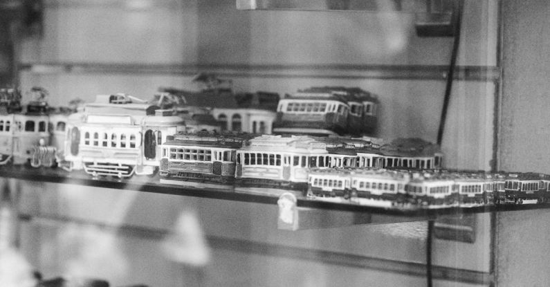 Store Toys - A black and white photo of a toy train display