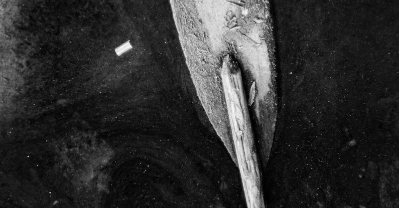 Broken Fence - A black and white photo of a wooden paddle